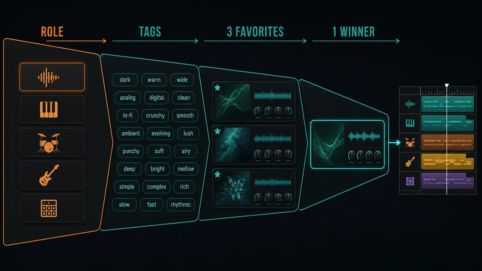 FLEX preset selection from an instrument role and tags to three favorites and one choice