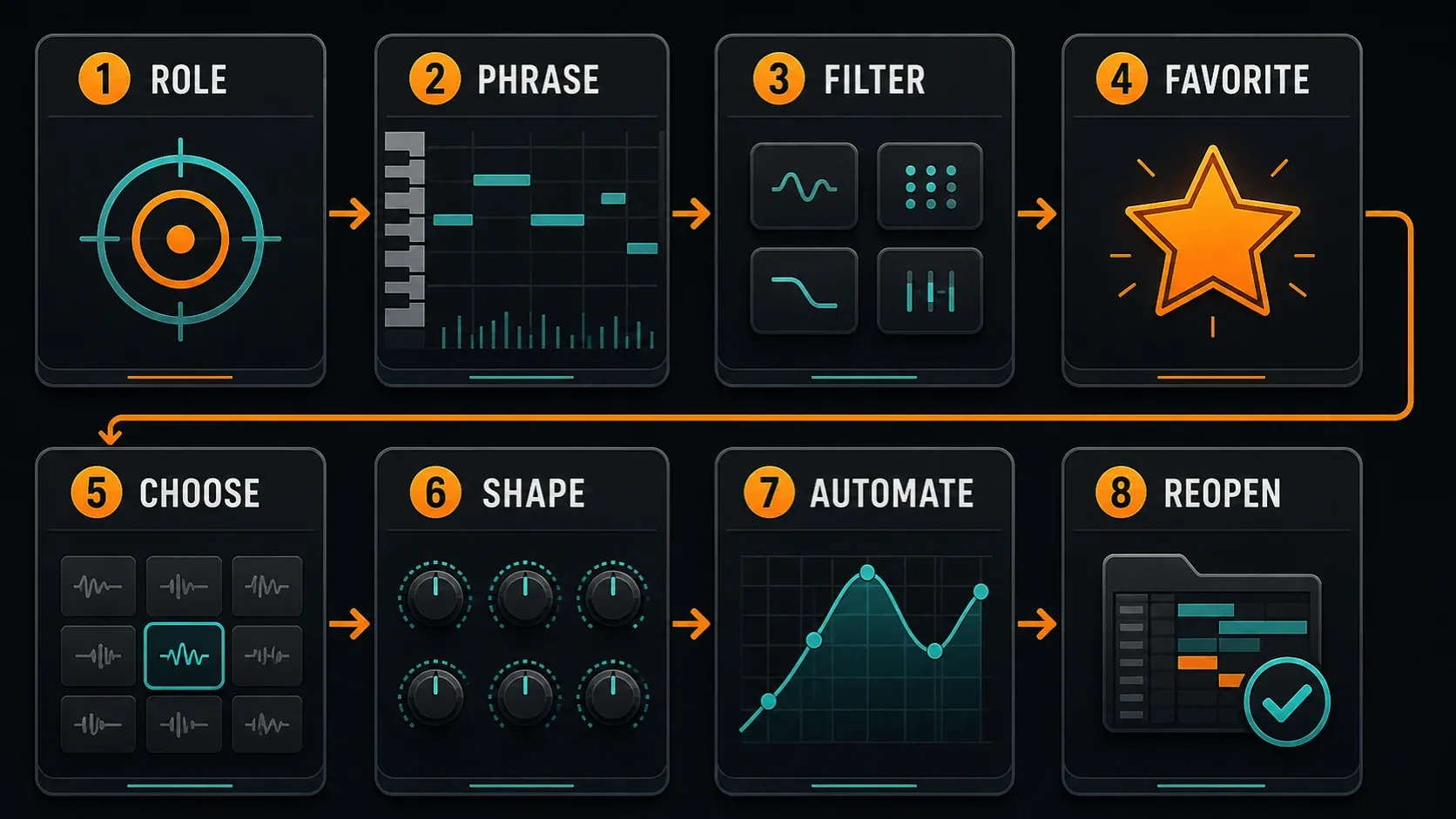 Eight-stage FLEX workflow from choosing a role to checking project recall