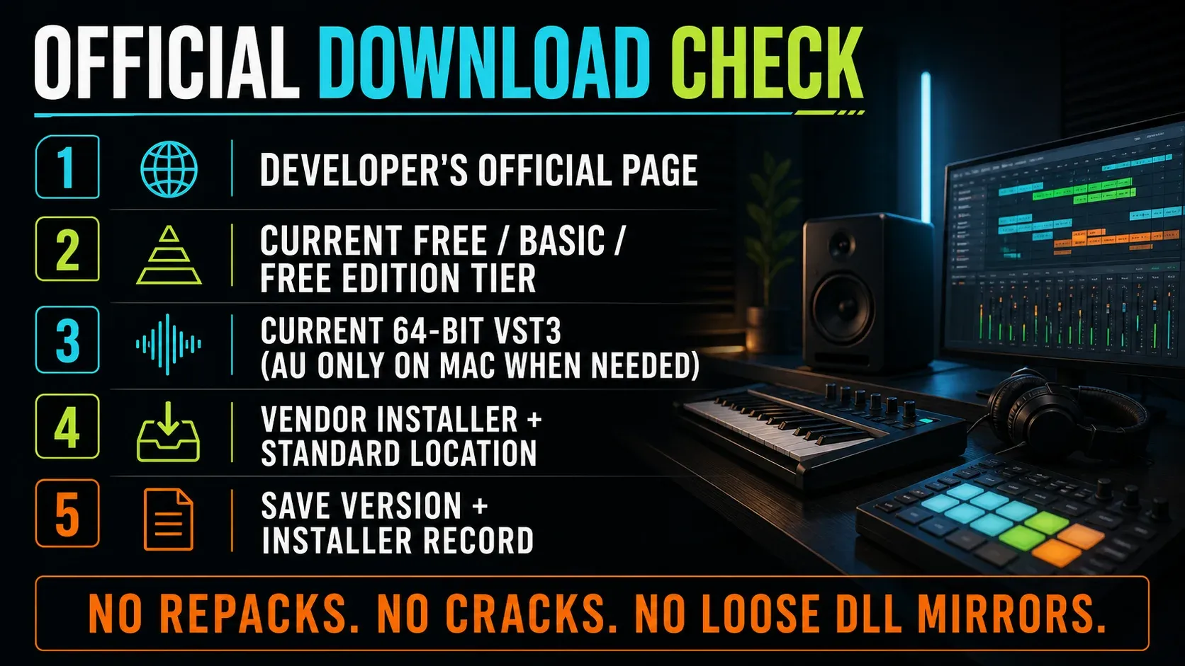 Safe free plugin download checklist covering official vendor page free tier format installer and version record