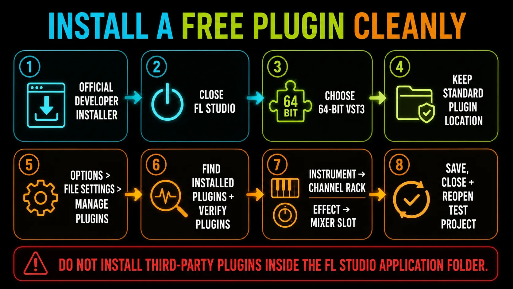 Eight-step FL Studio VST3 installation flow from official installer to Plugin Manager verification and project reopen test