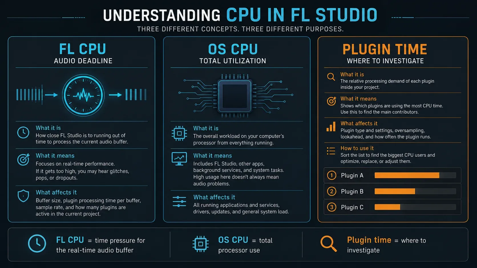 FL Studio CPU meter compared with operating system utilization and plugin processing time