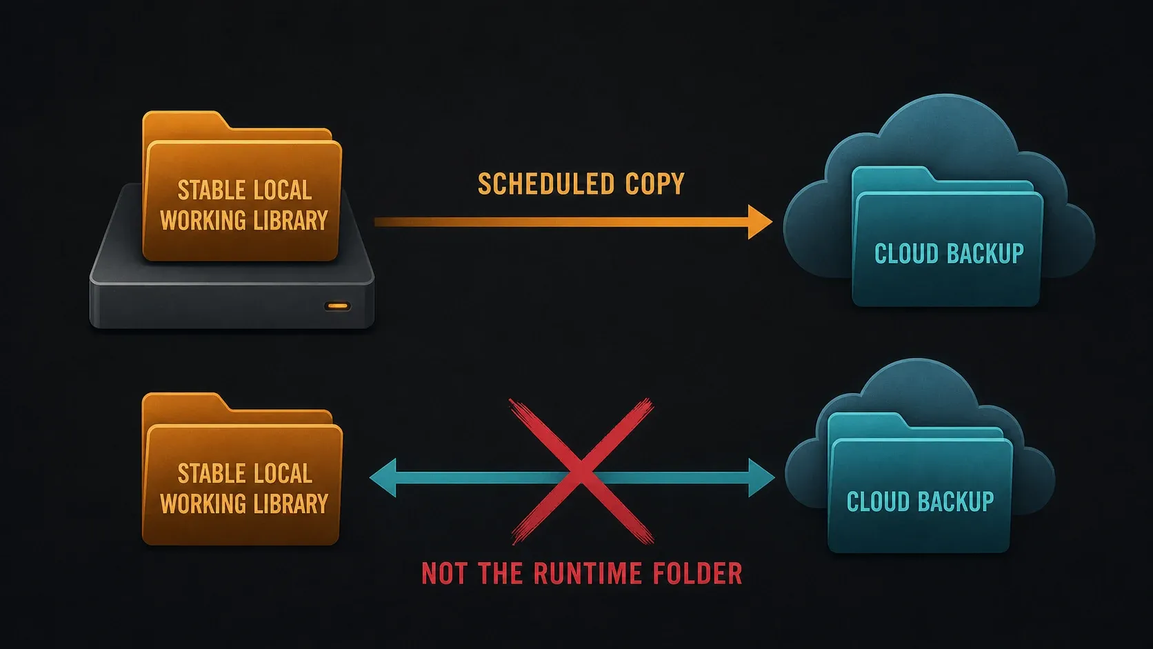Local working sample library copied separately to cloud backup rather than used as a synced runtime folder