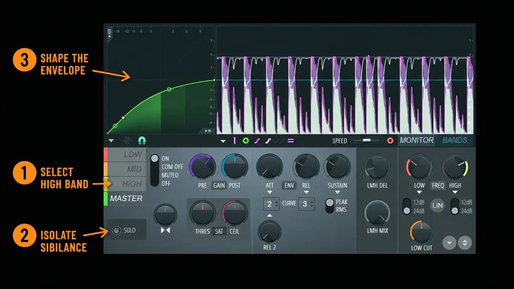 Three-step Maximus de-esser workflow for finding sibilance, setting threshold and matching output