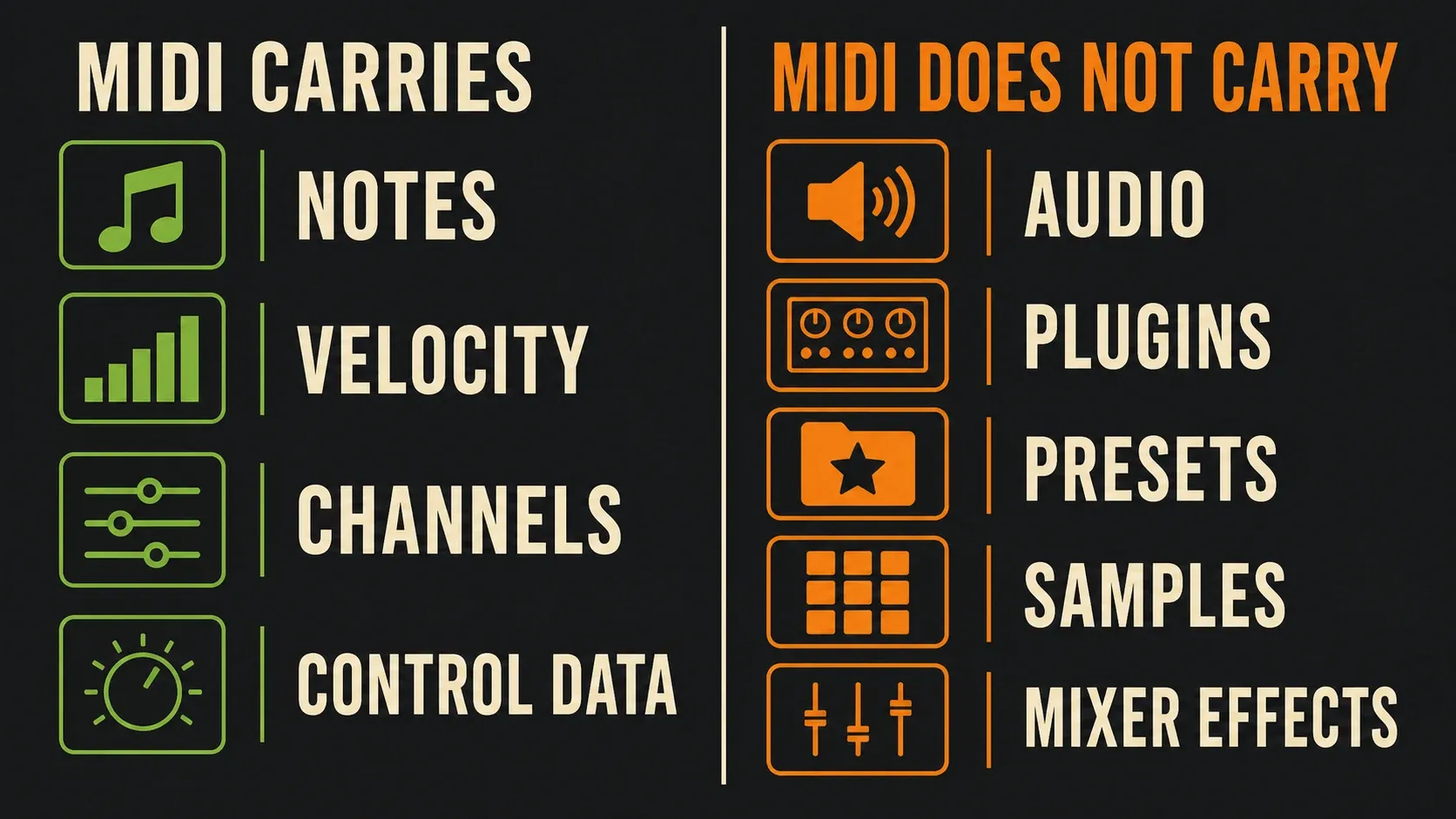 MIDI notes, velocity, channels and control data contrasted with audio, presets, samples and effects