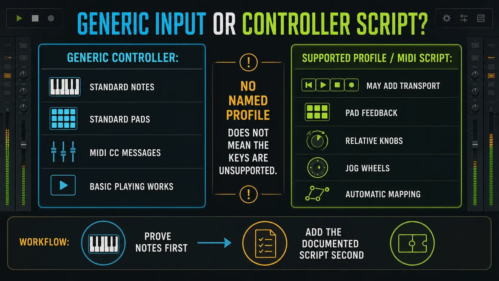 Generic MIDI input compared with a controller script for keys pads knobs and transport