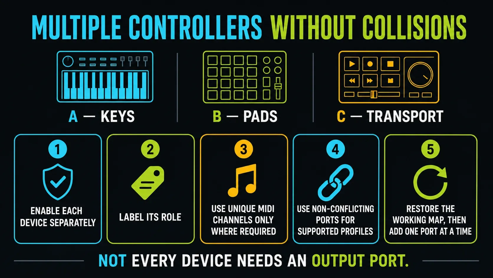 FL Studio multiple MIDI controller layout with unique channels and non-conflicting ports