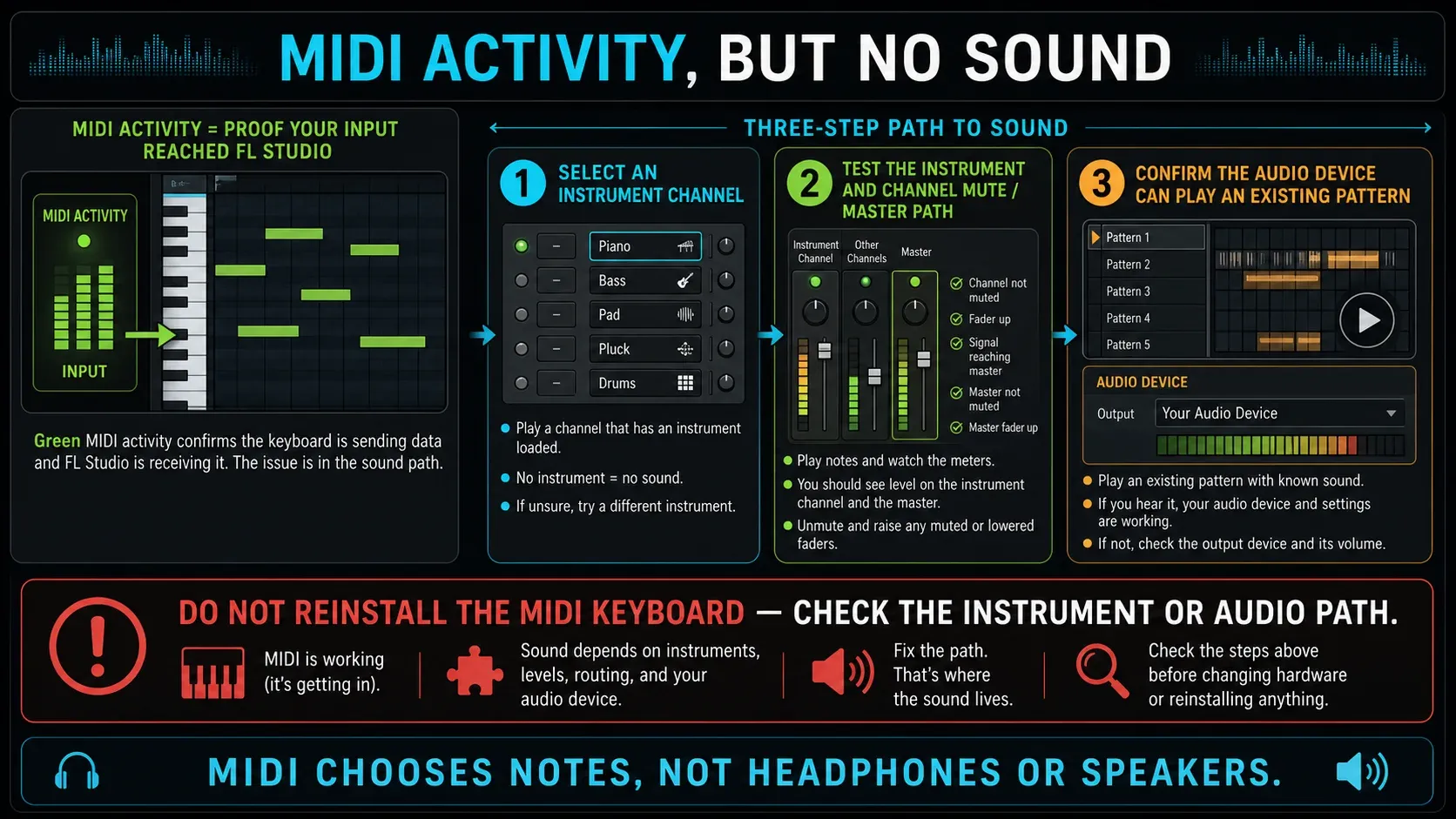 FL Studio receiving MIDI activity while a selected instrument channel and audio path are checked