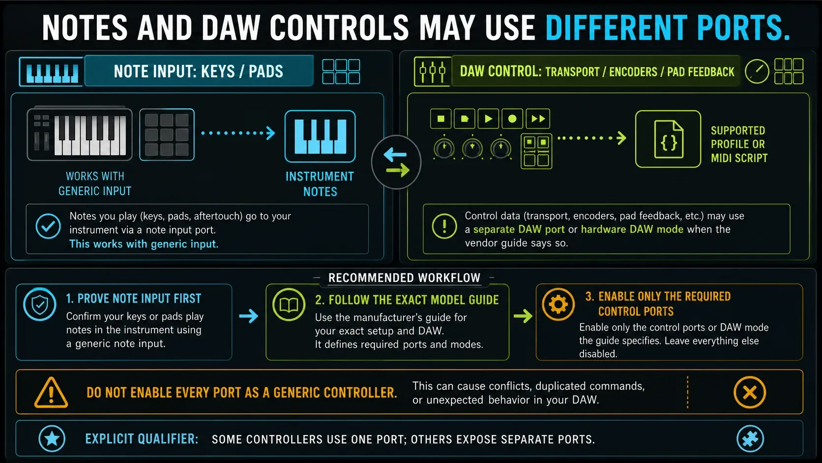 MIDI note port and DAW control port separated for keyboard keys and transport buttons