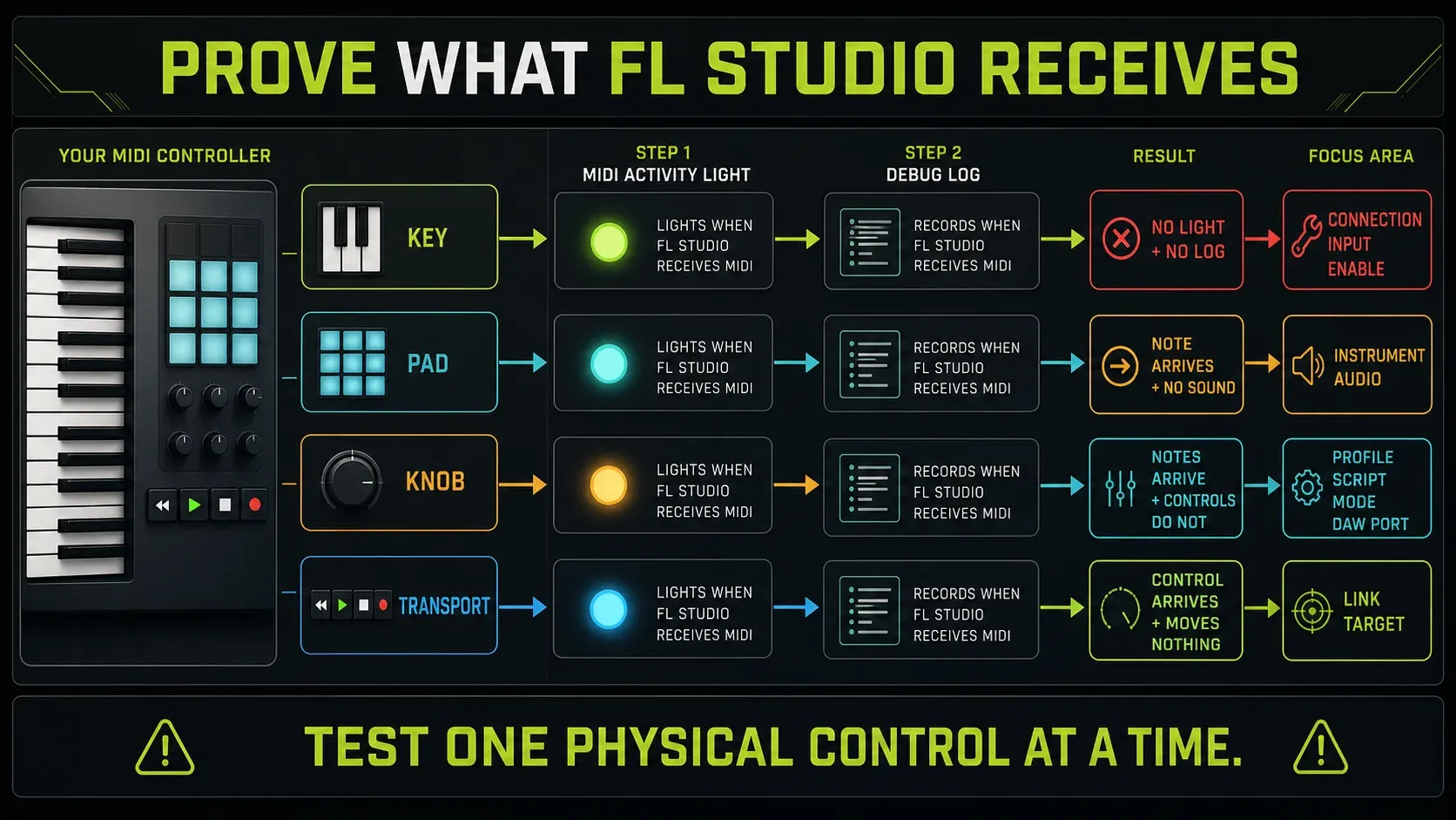 FL Studio MIDI activity light and Debug log proving note and control messages arrive