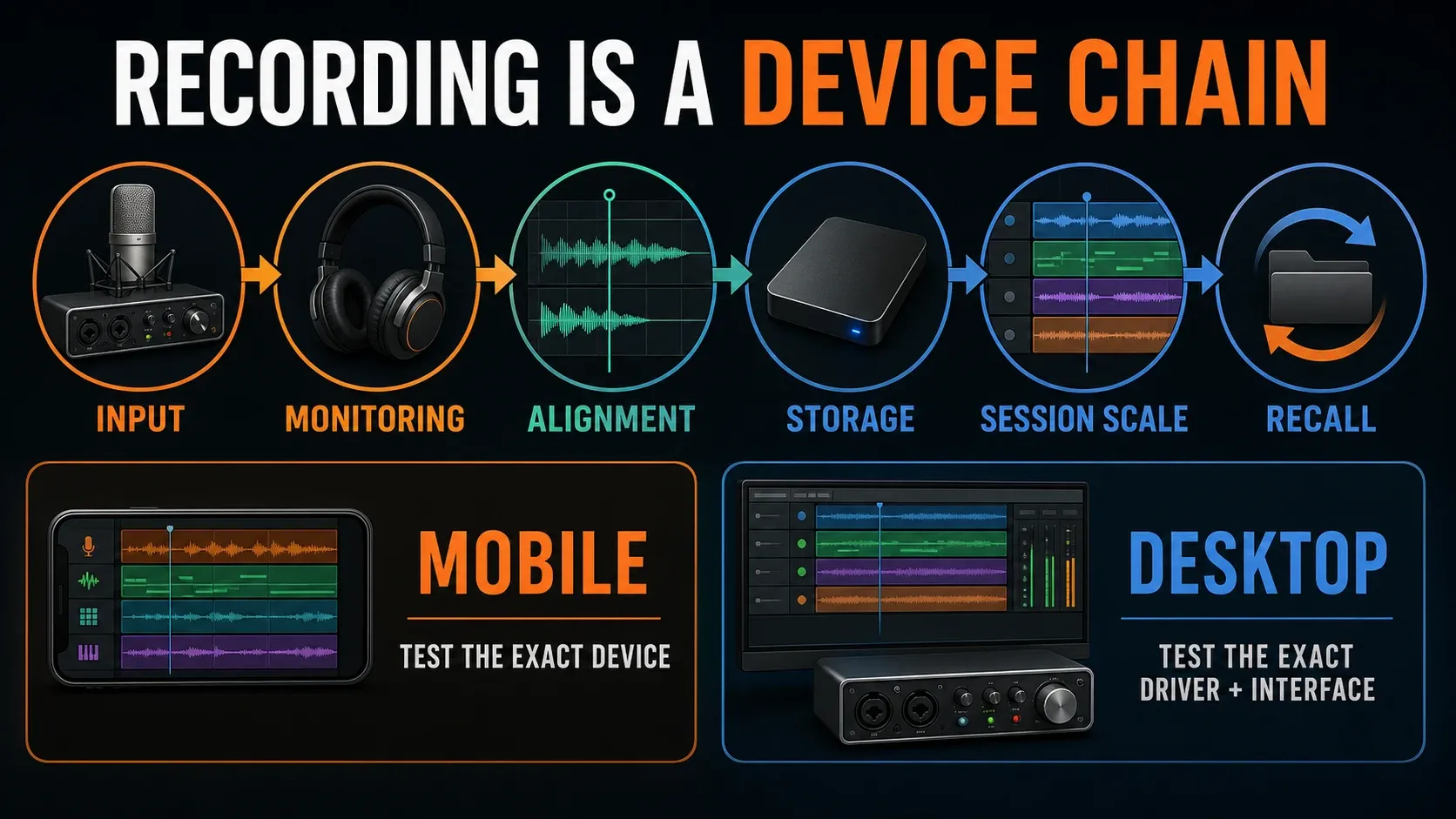 Recording checks for input, monitoring, alignment, storage and project recall