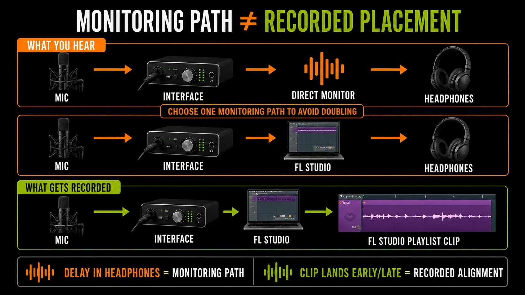 Direct monitoring software monitoring and recorded audio alignment signal paths in FL Studio
