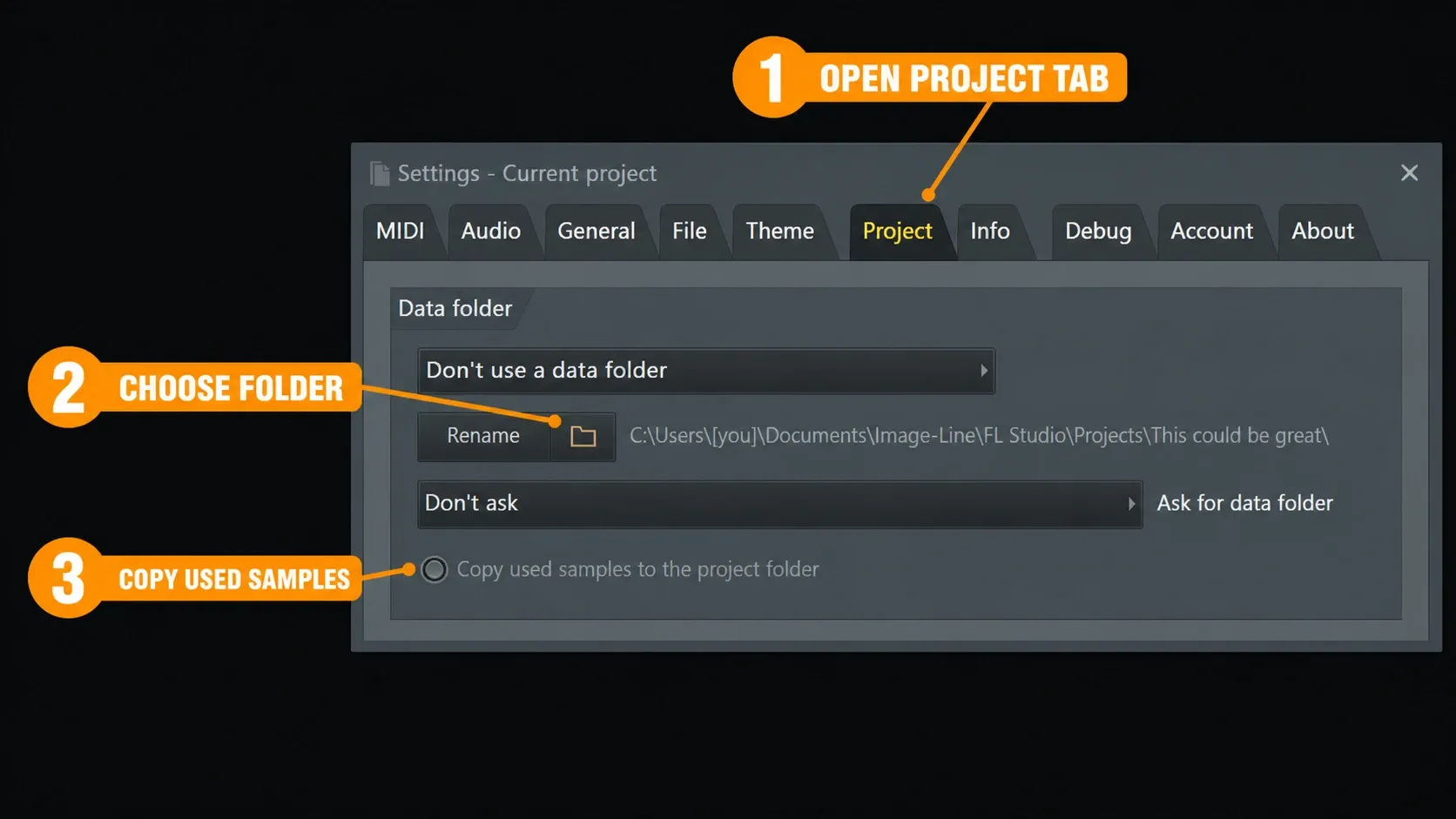 FL Studio-style Project Data Folder panel with relative storage and copy used samples selected
