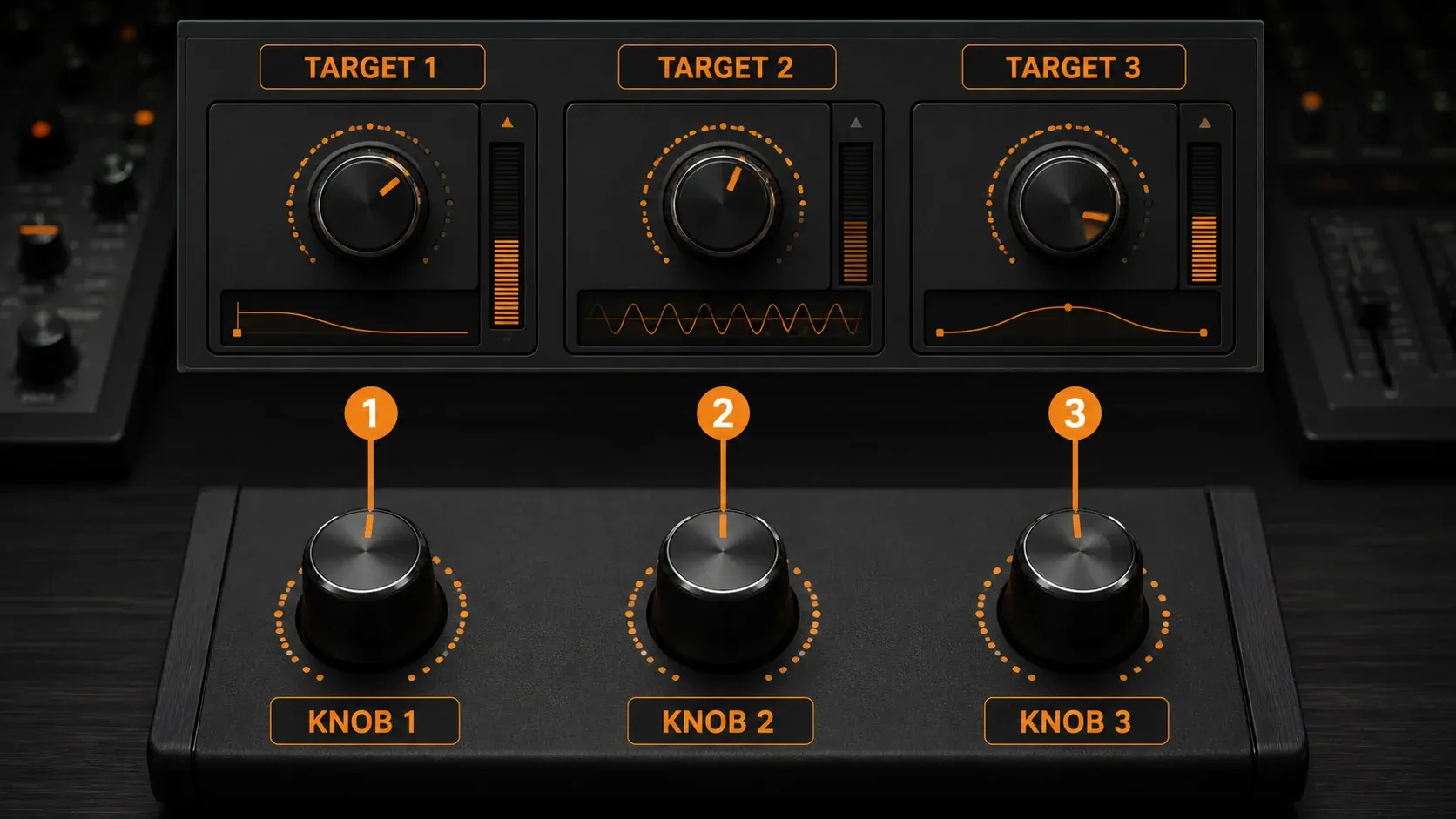 Three numbered MIDI knobs paired with software targets one, two and three