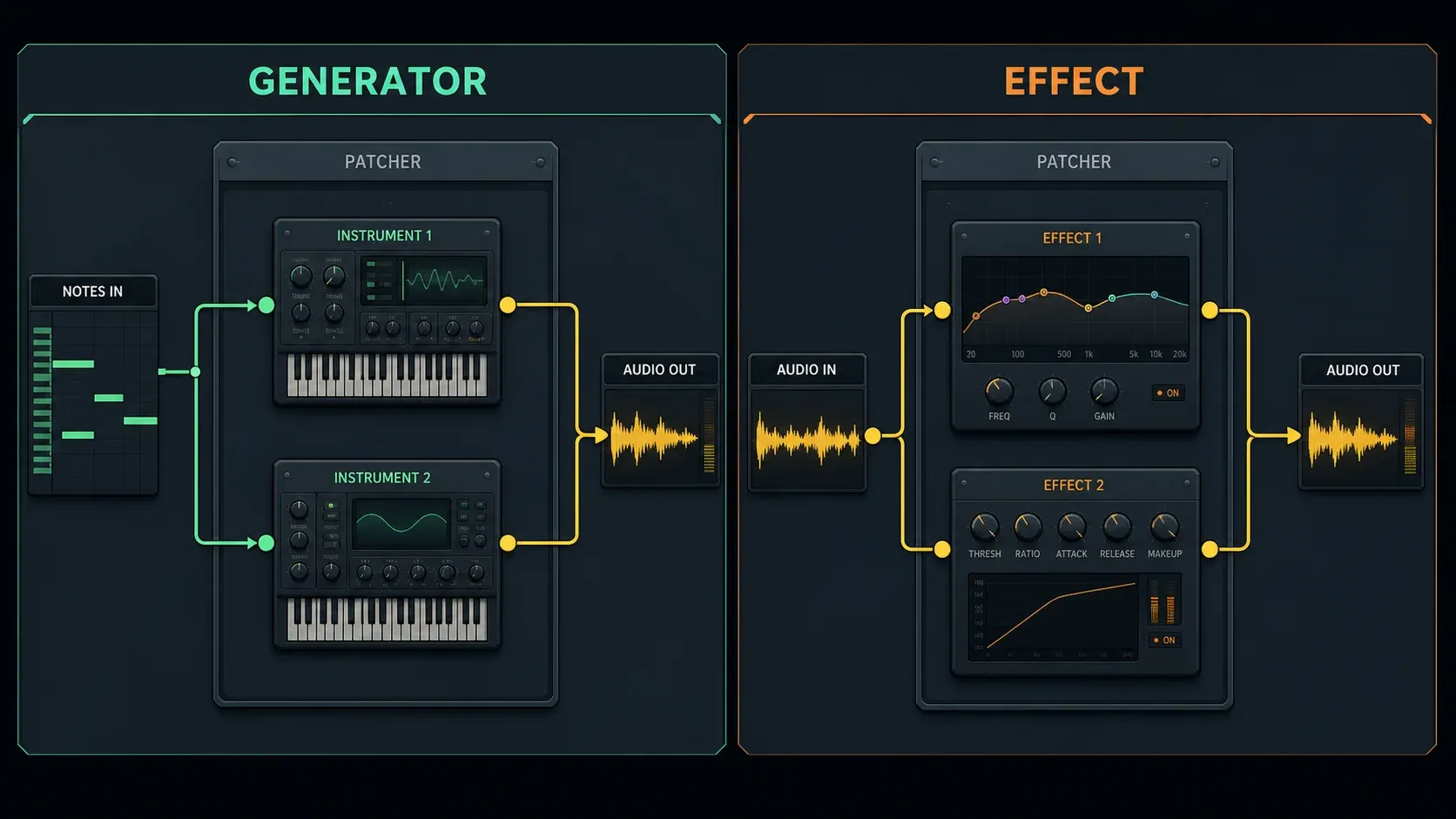 FL Studio Patcher comparison showing generator and effect loading paths