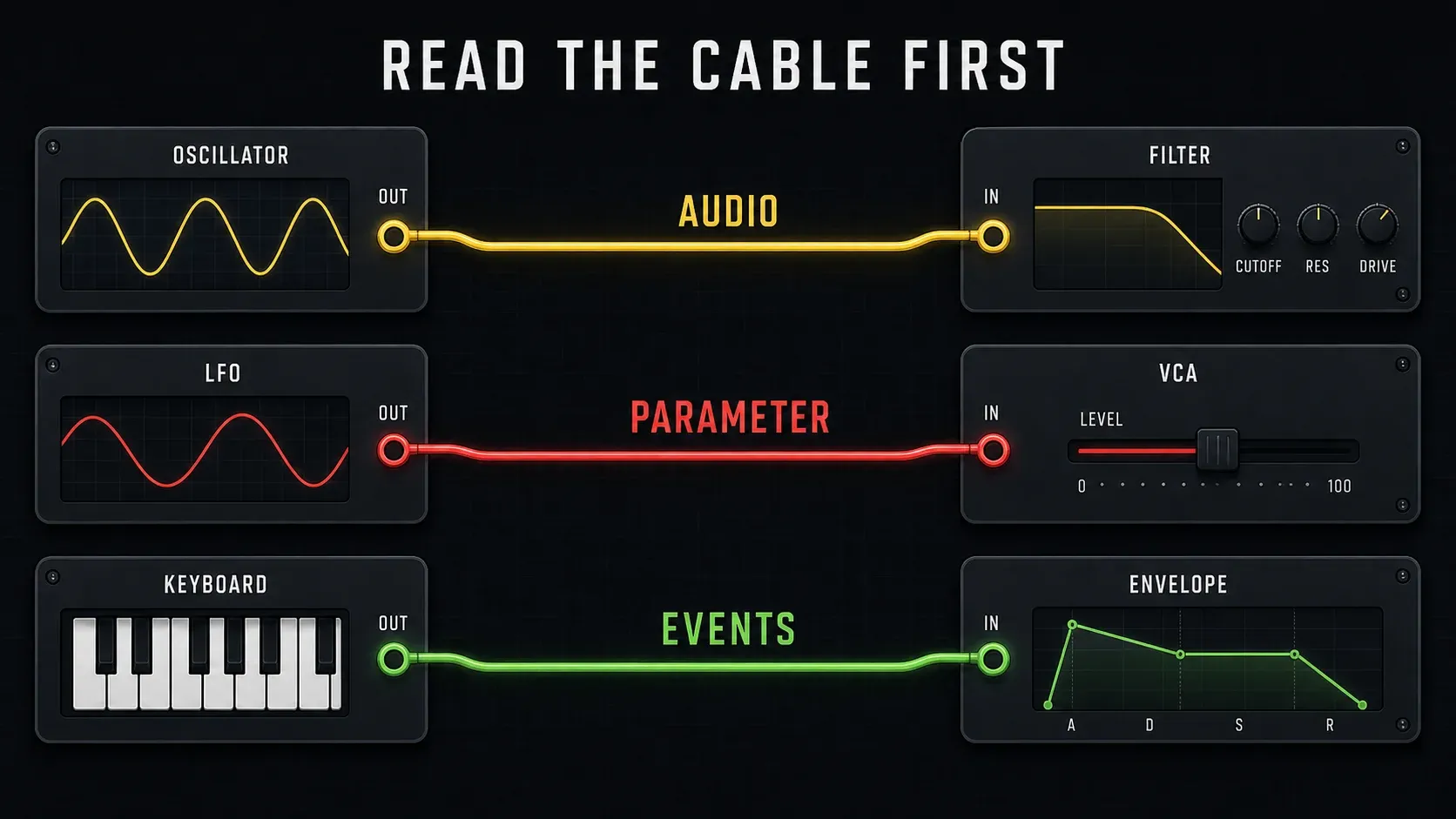 FL Studio Patcher Map showing yellow audio red parameter and green event links