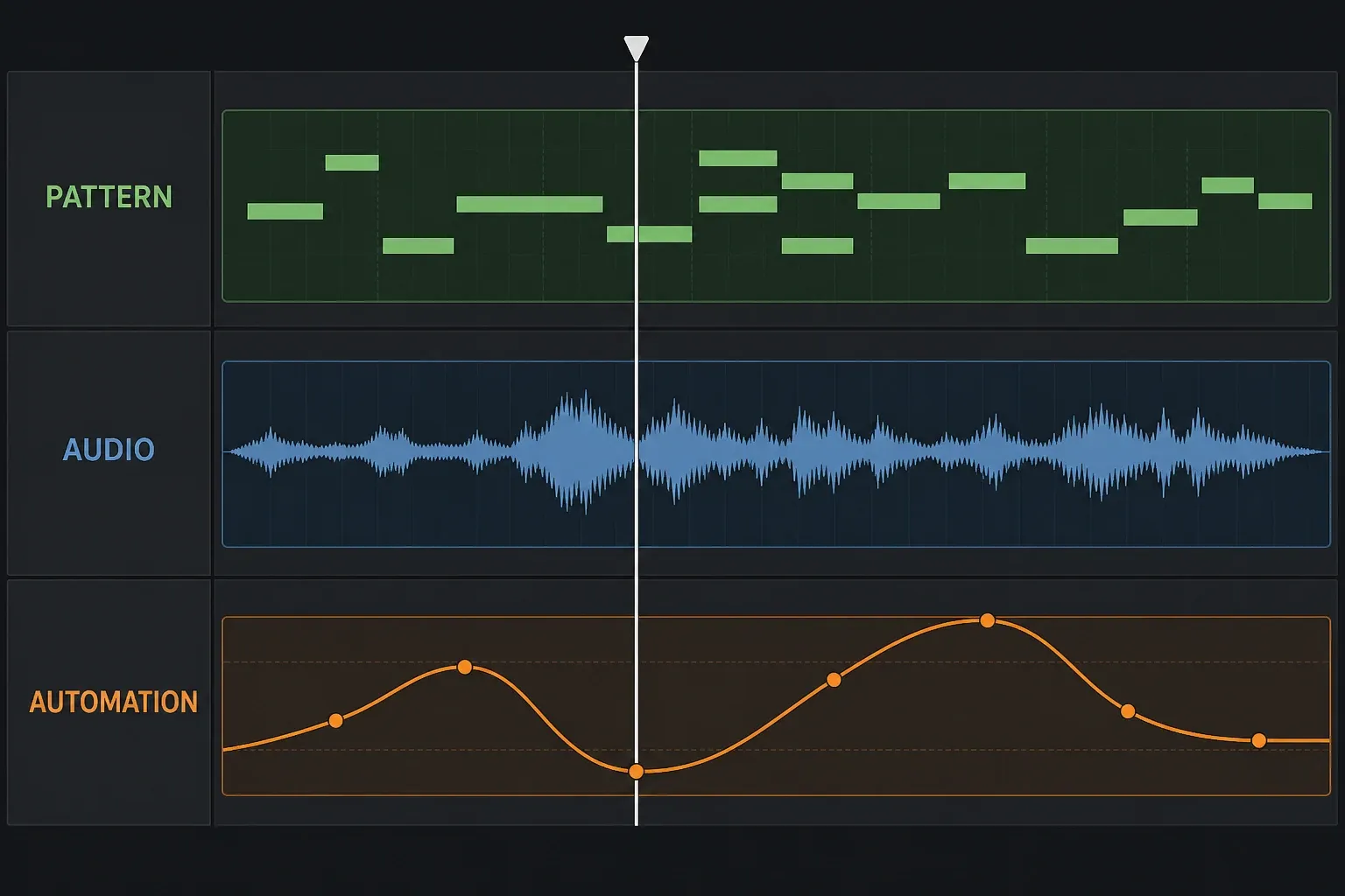 Pattern notes, an audio waveform and an automation curve on three labeled Playlist lanes
