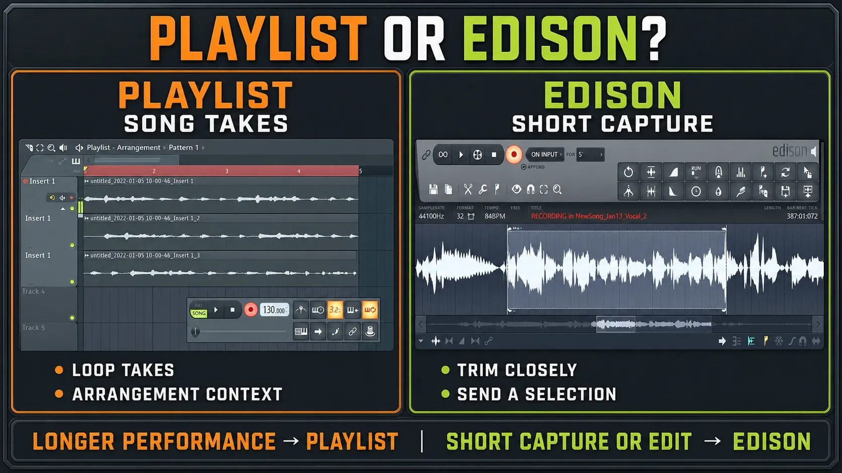 FL Studio Playlist loop recording compared with short audio capture and trimming in Edison