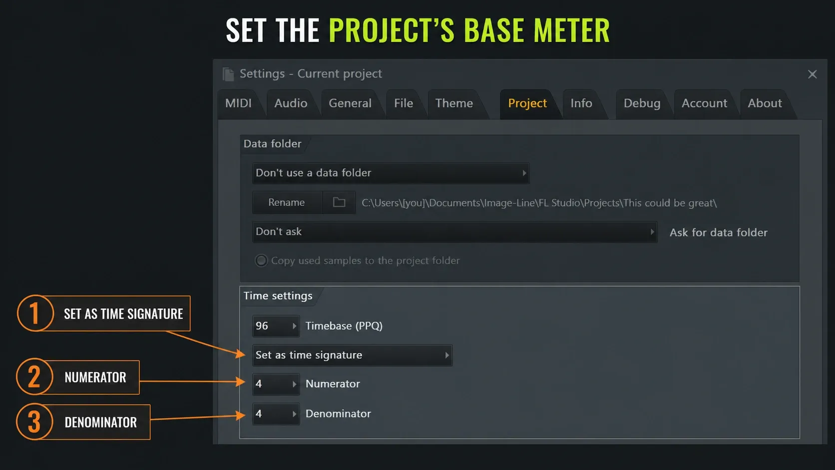 FL Studio project meter changing the Piano Roll grid from four-four to three-four without moving notes