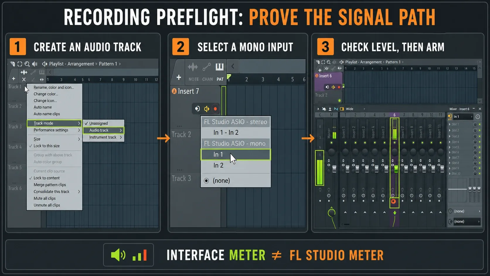 FL Studio recording preflight from audio device and mono input to level and record arm
