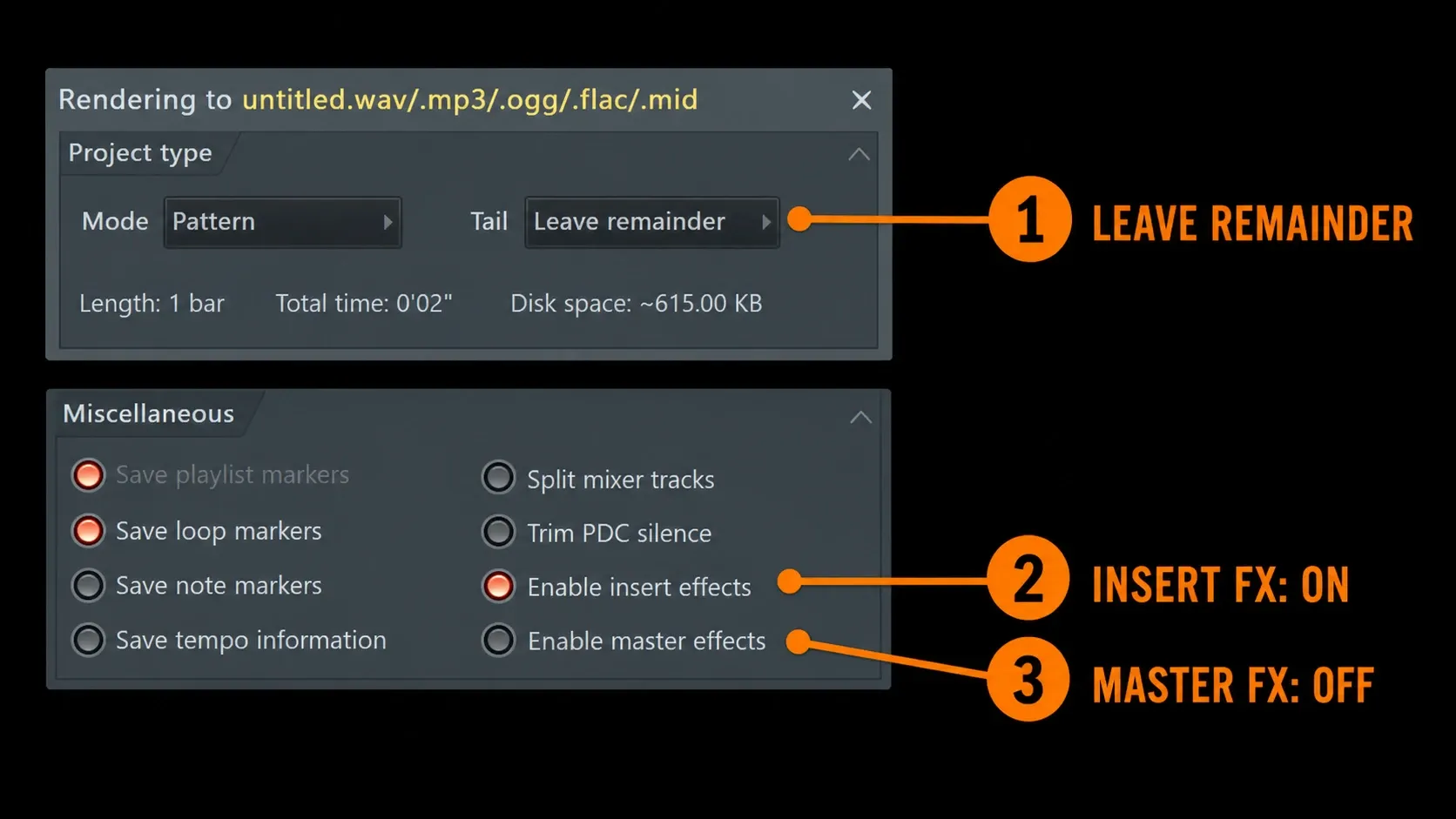 FL Studio consolidation render with source clips muted, Insert effects enabled and Master effects disabled