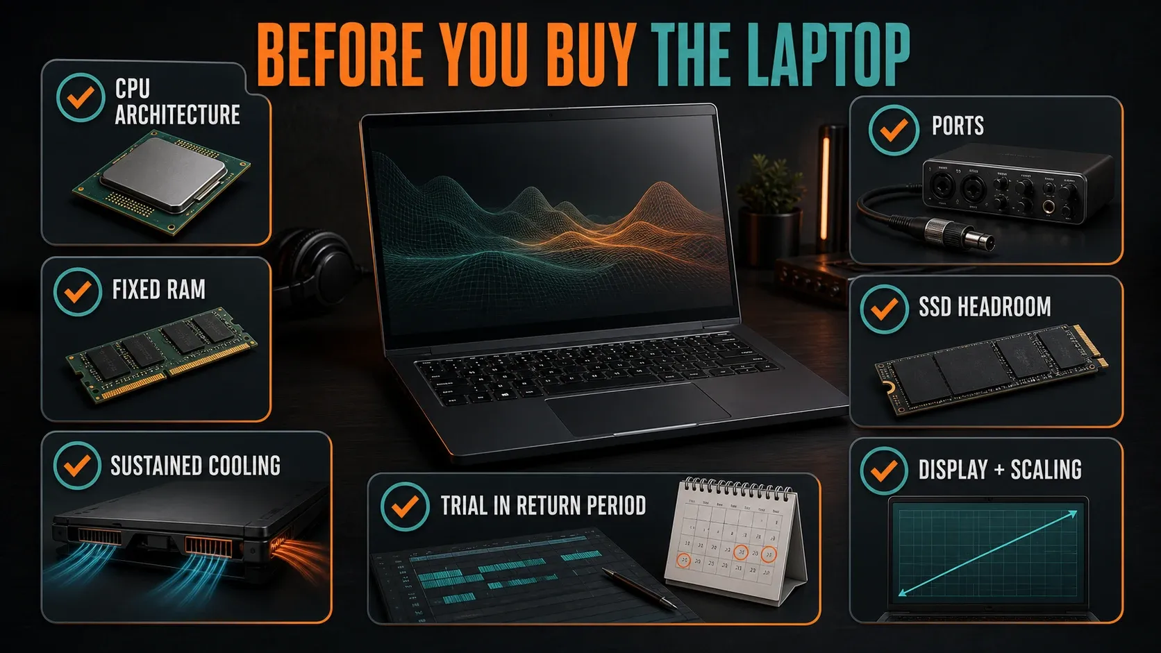 FL Studio laptop buying checklist for CPU architecture memory cooling ports SSD display and trial testing