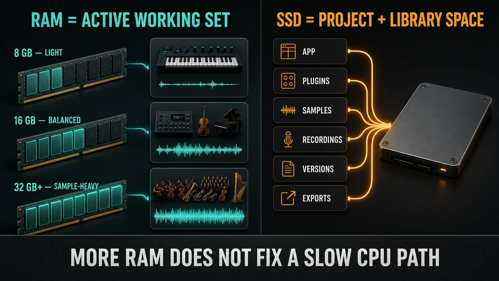 FL Studio memory and storage ladder from basic projects to sample-heavy sessions with SSD capacity planning