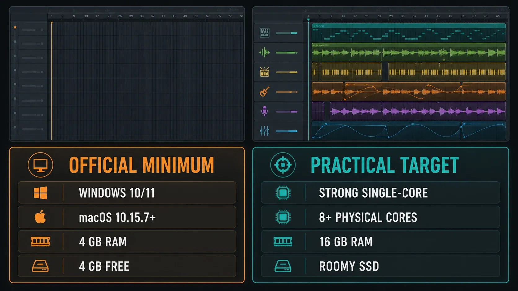 FL Studio minimum requirements compared with practical CPU RAM and SSD targets for real projects