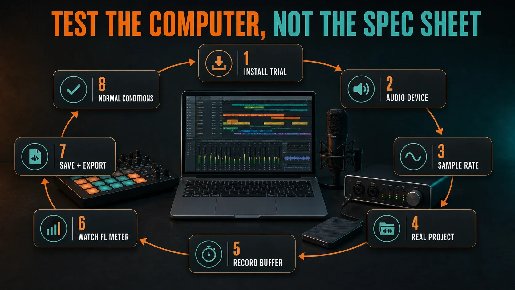 Eight-step FL Studio workload test covering audio setup, recording, CPU load, saving and export