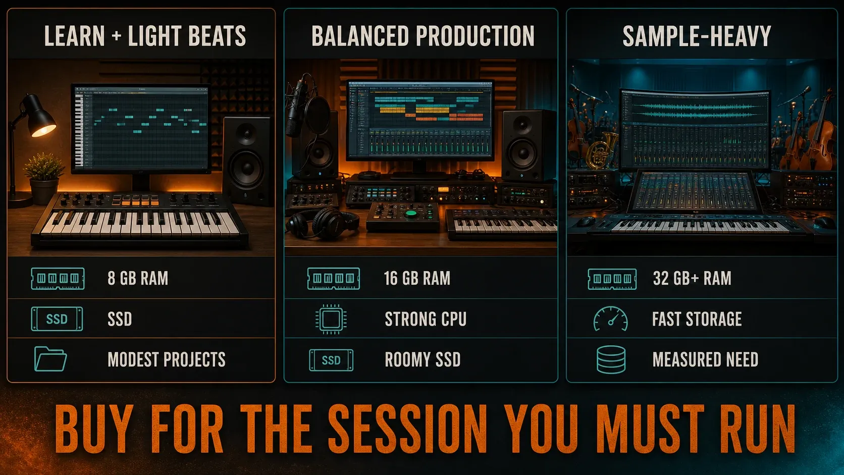 Three FL Studio computer tiers for learning balanced production and sample-heavy professional projects
