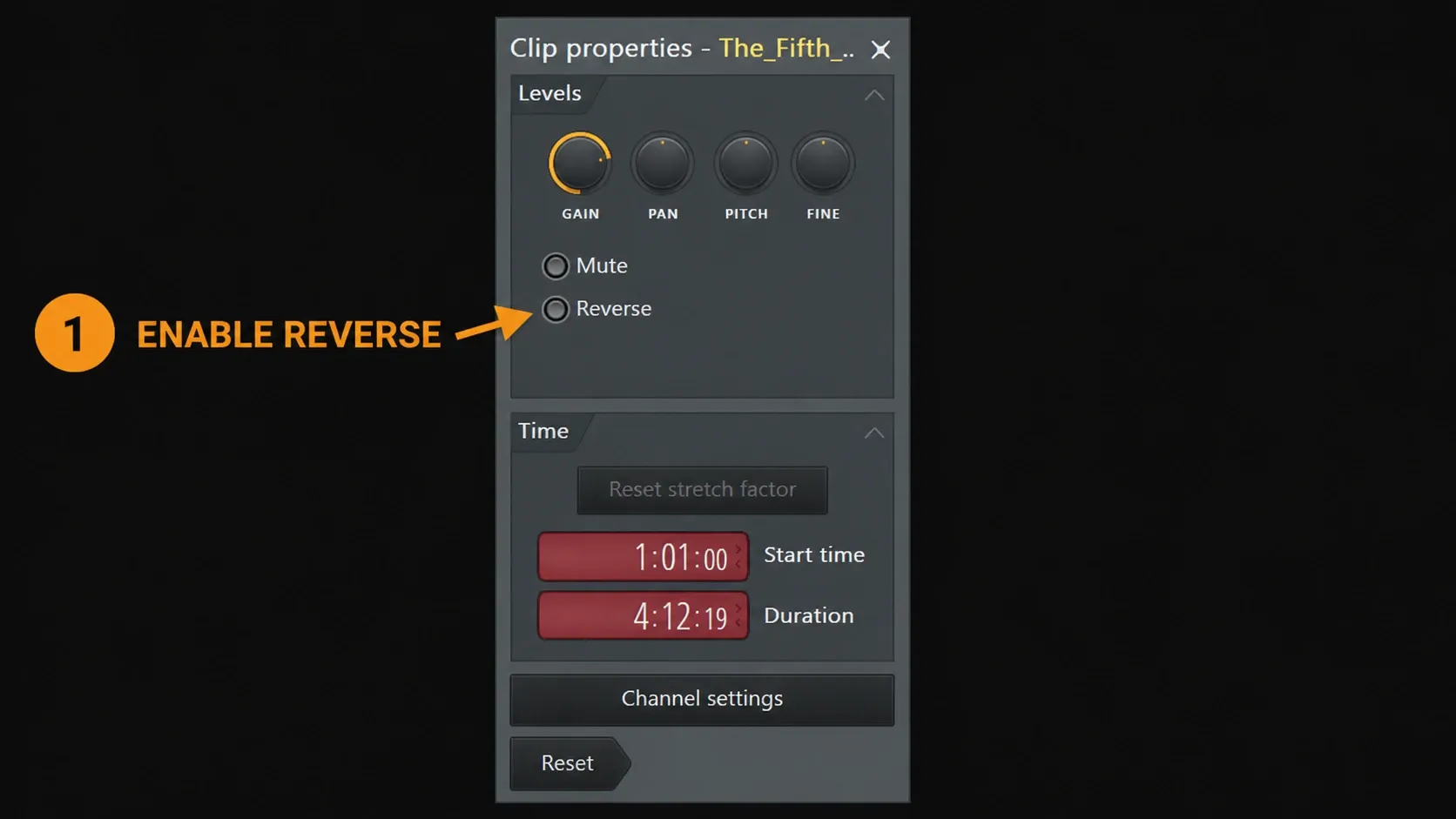 FL Studio-style Clip Properties with Reverse enabled for one 808 instance and a short start fade