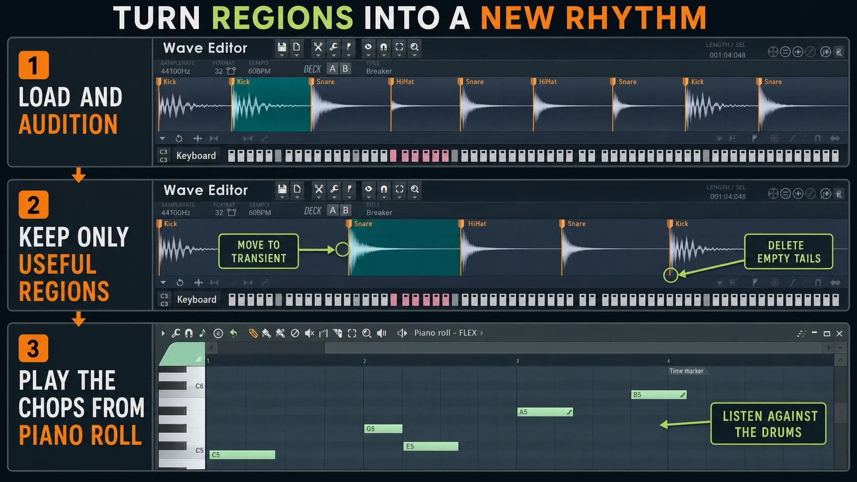 FL Studio Slicex regions mapped to Piano roll notes for rearranging a sample