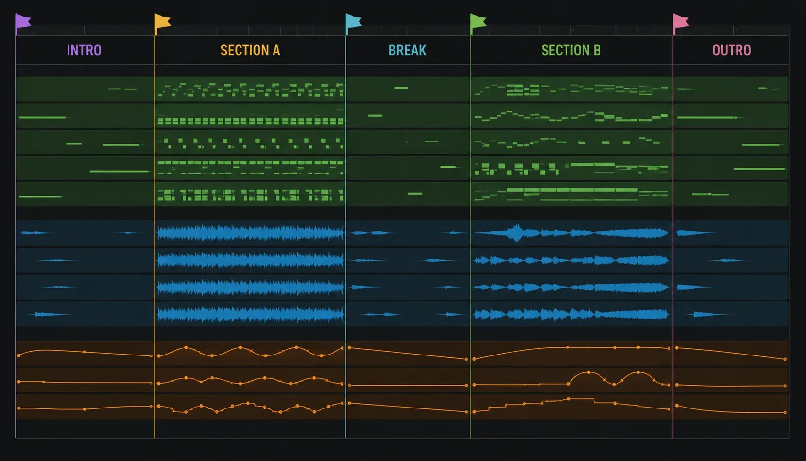 Intro, Section A, Break, Section B and Outro with different layers of musical parts