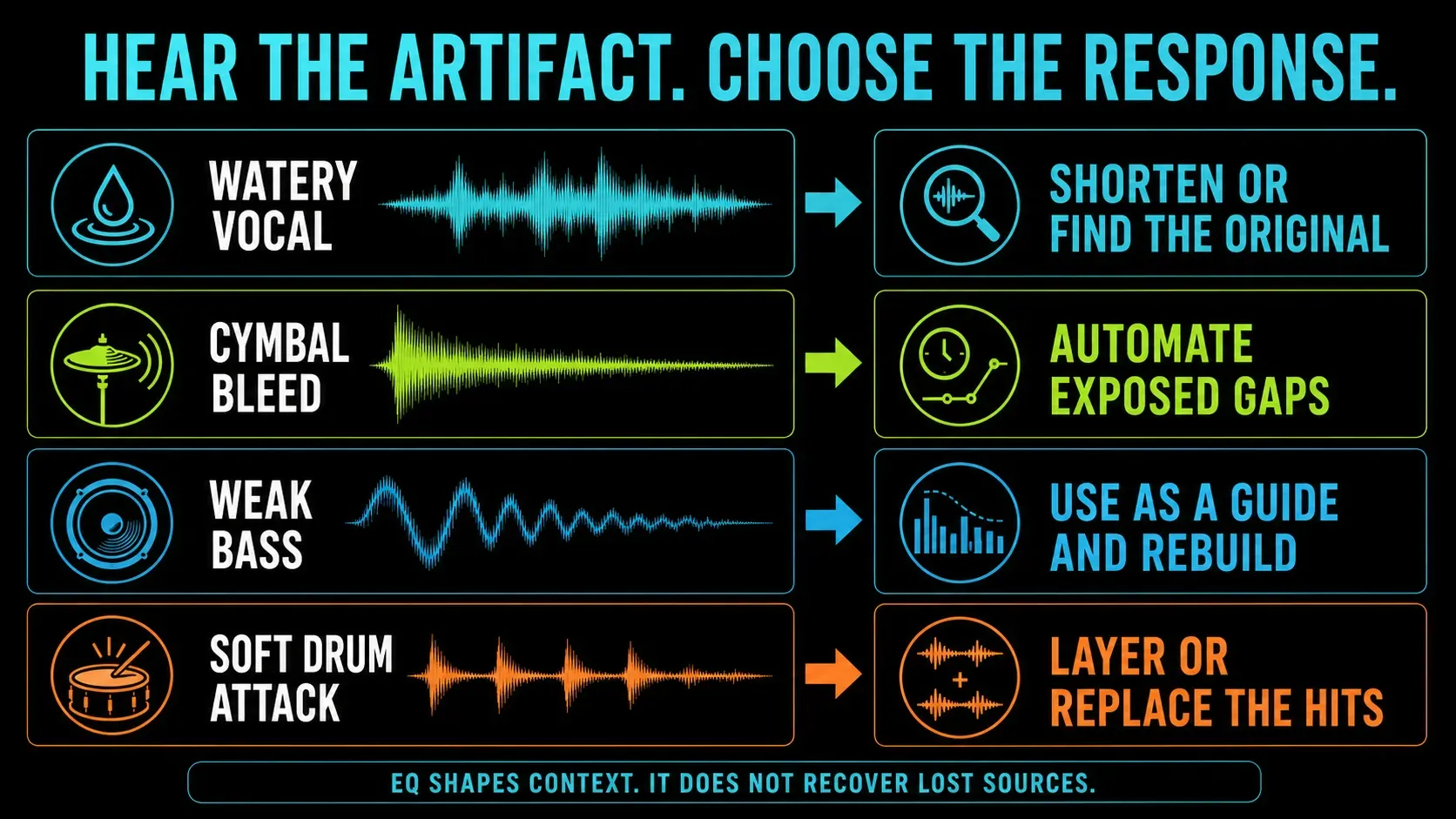 Stem separation artifact map linking warble bleed missing transients and weak bass to practical decisions