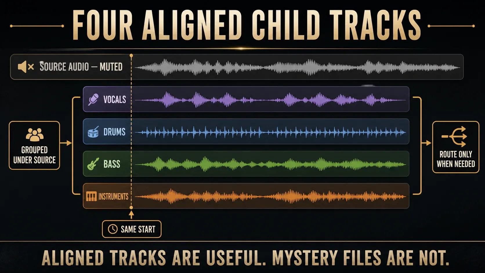 Four aligned Playlist tracks for vocals drums bass and instruments created under one source clip