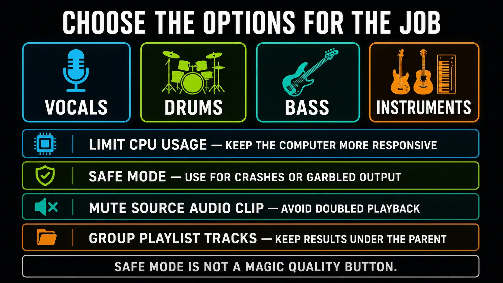 FL Studio stem separation choices for vocals drums bass instruments CPU Safe mode muting and track grouping