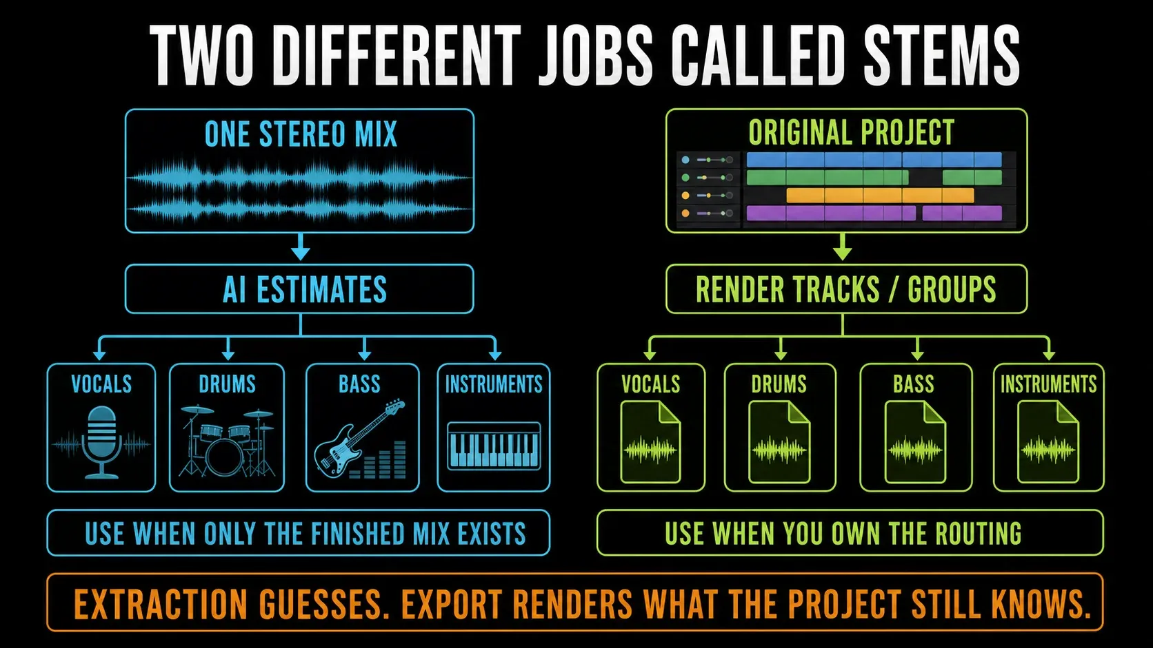 AI stem separation from one stereo mix compared with exporting true stems from an original FL Studio project