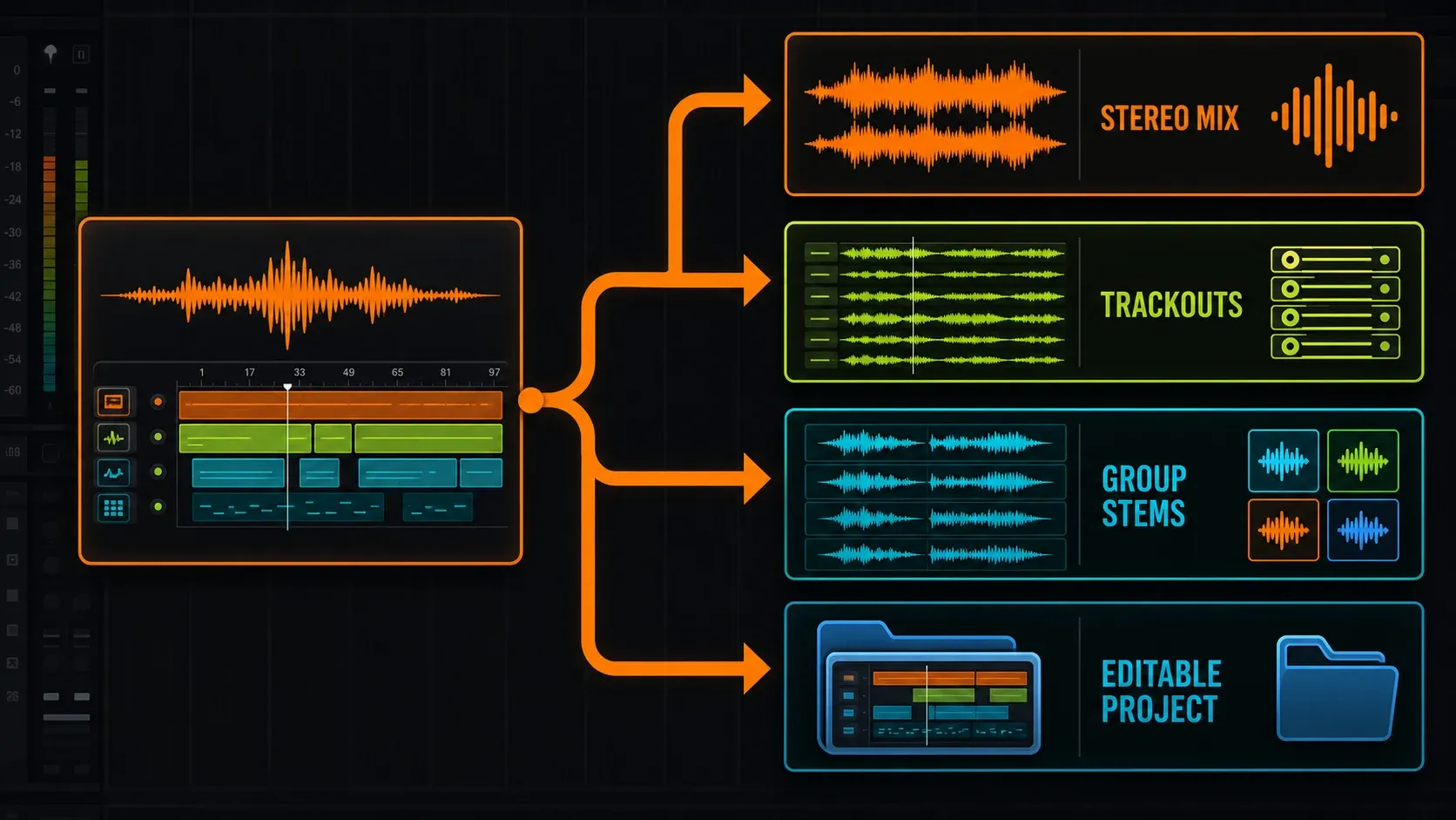 Separate delivery choices for a stereo mix, trackouts, grouped stems and an editable FL Studio project