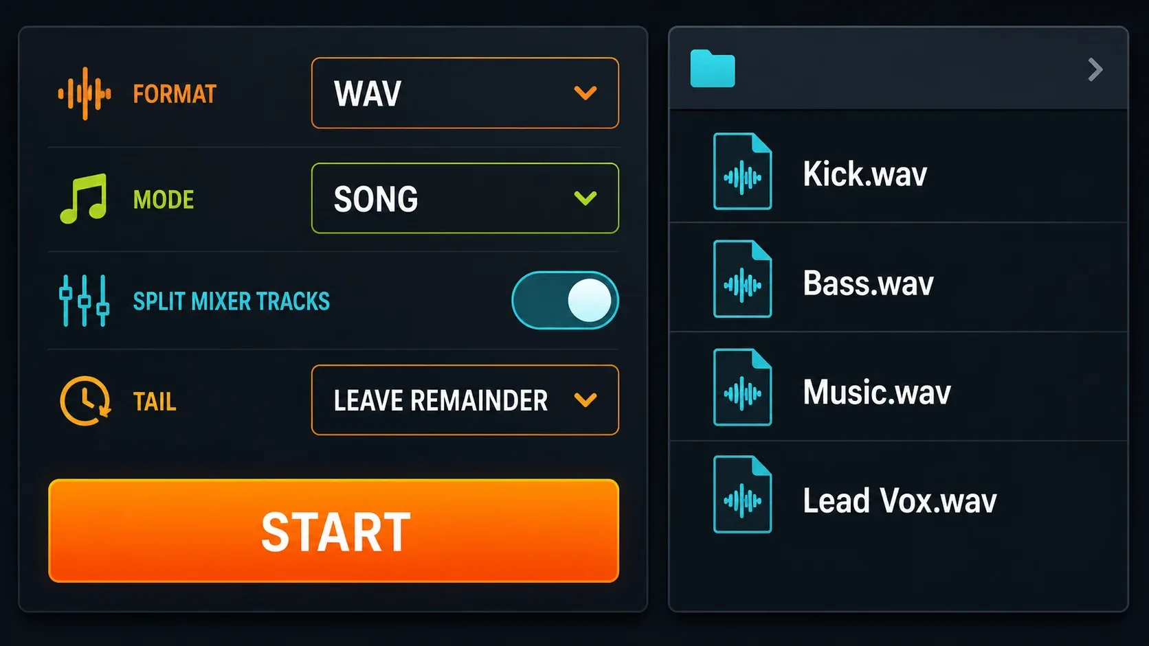 Conceptual WAV settings summary with Song mode, Leave remainder and Split Mixer Tracks enabled