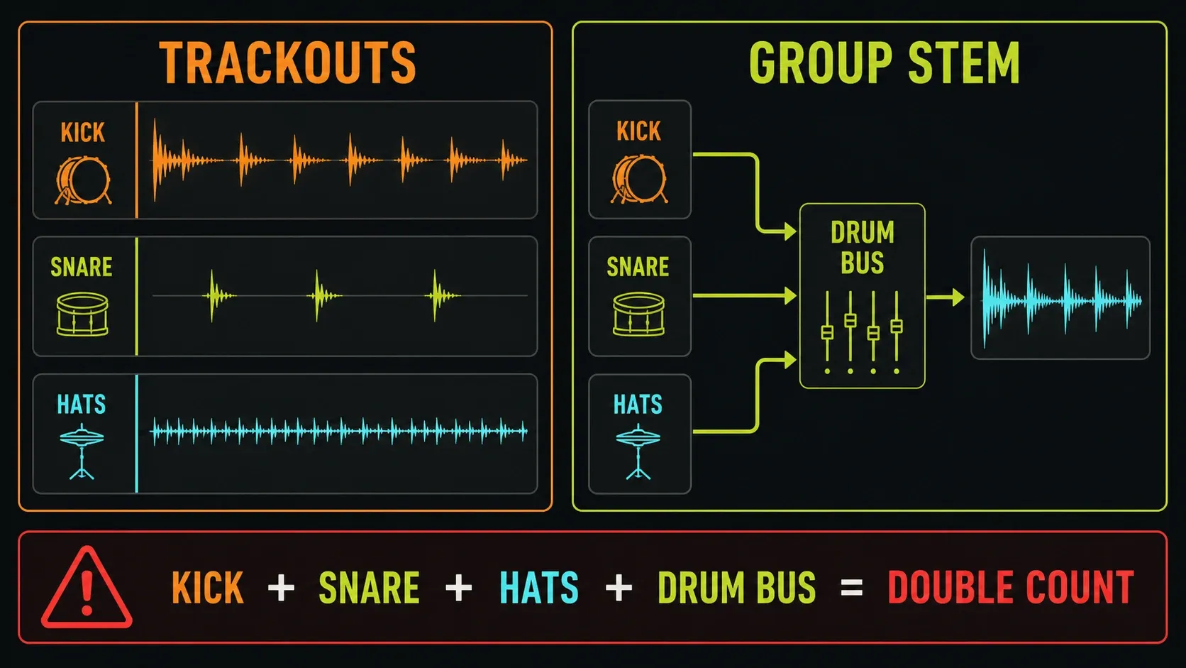 Individual kick, snare and hat files compared with the Drum Bus that already contains them