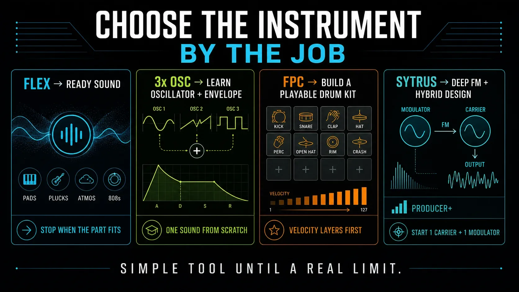 FLEX 3x Osc FPC and Sytrus compared for preset speed synthesis learning drums and deep sound design