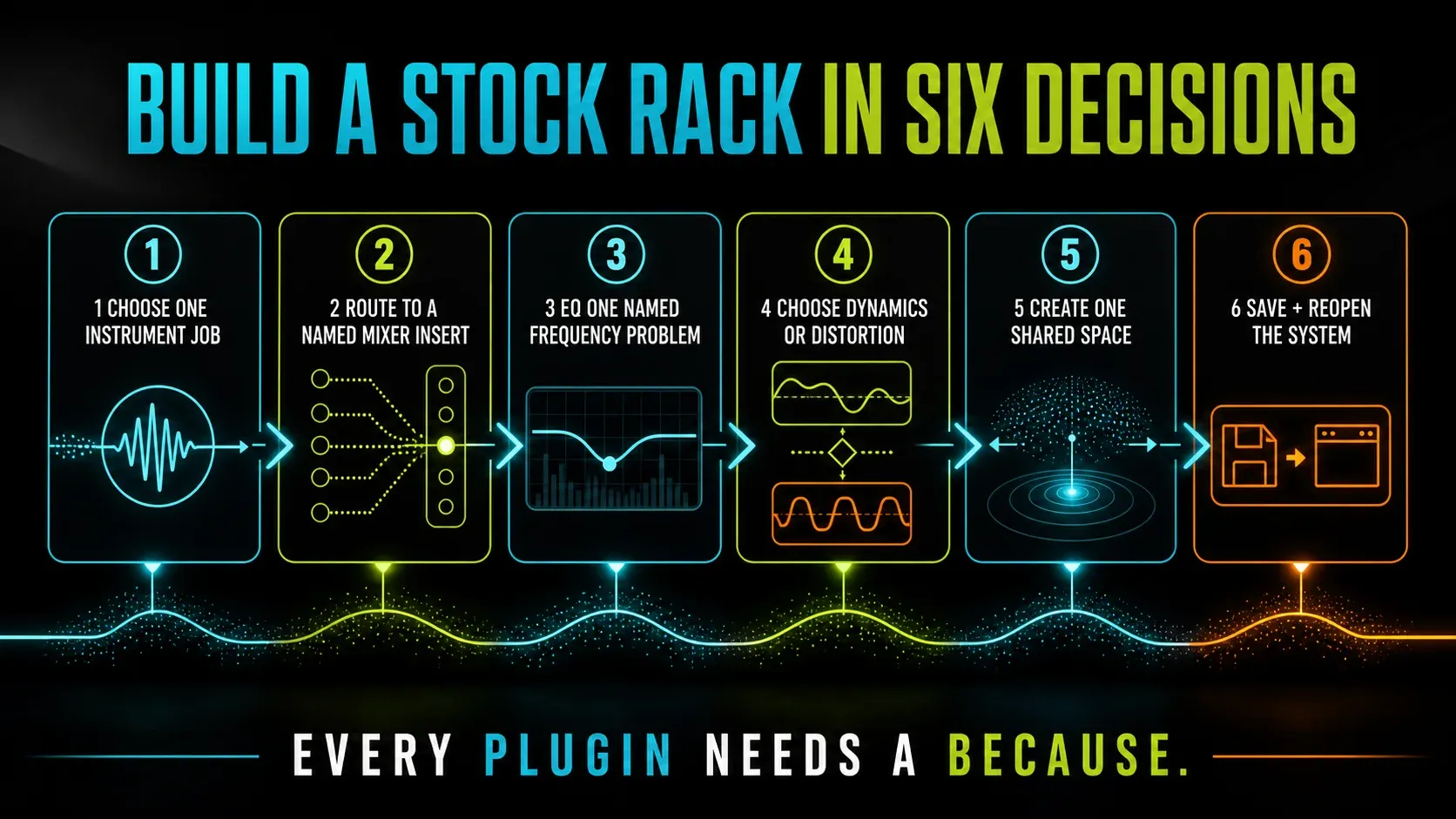 Six-step FL Studio stock plugin rack from instrument choice through routing EQ dynamics space and saved recall