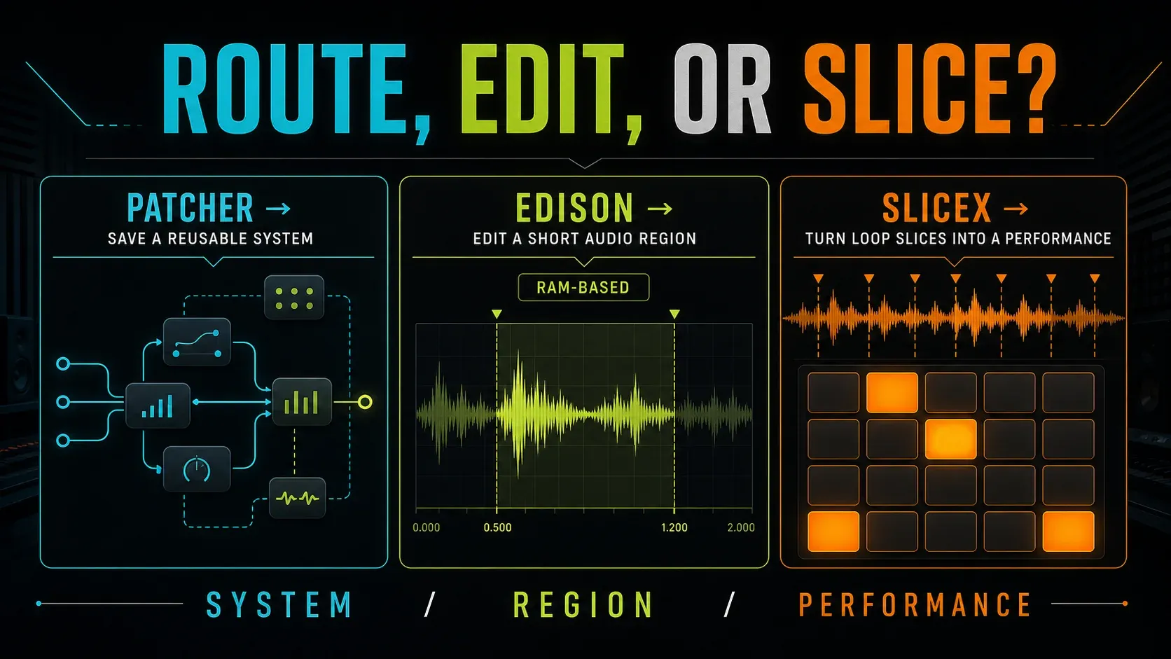 Patcher Edison and Slicex workflow for reusable chains audio repair and playable loop slices in FL Studio