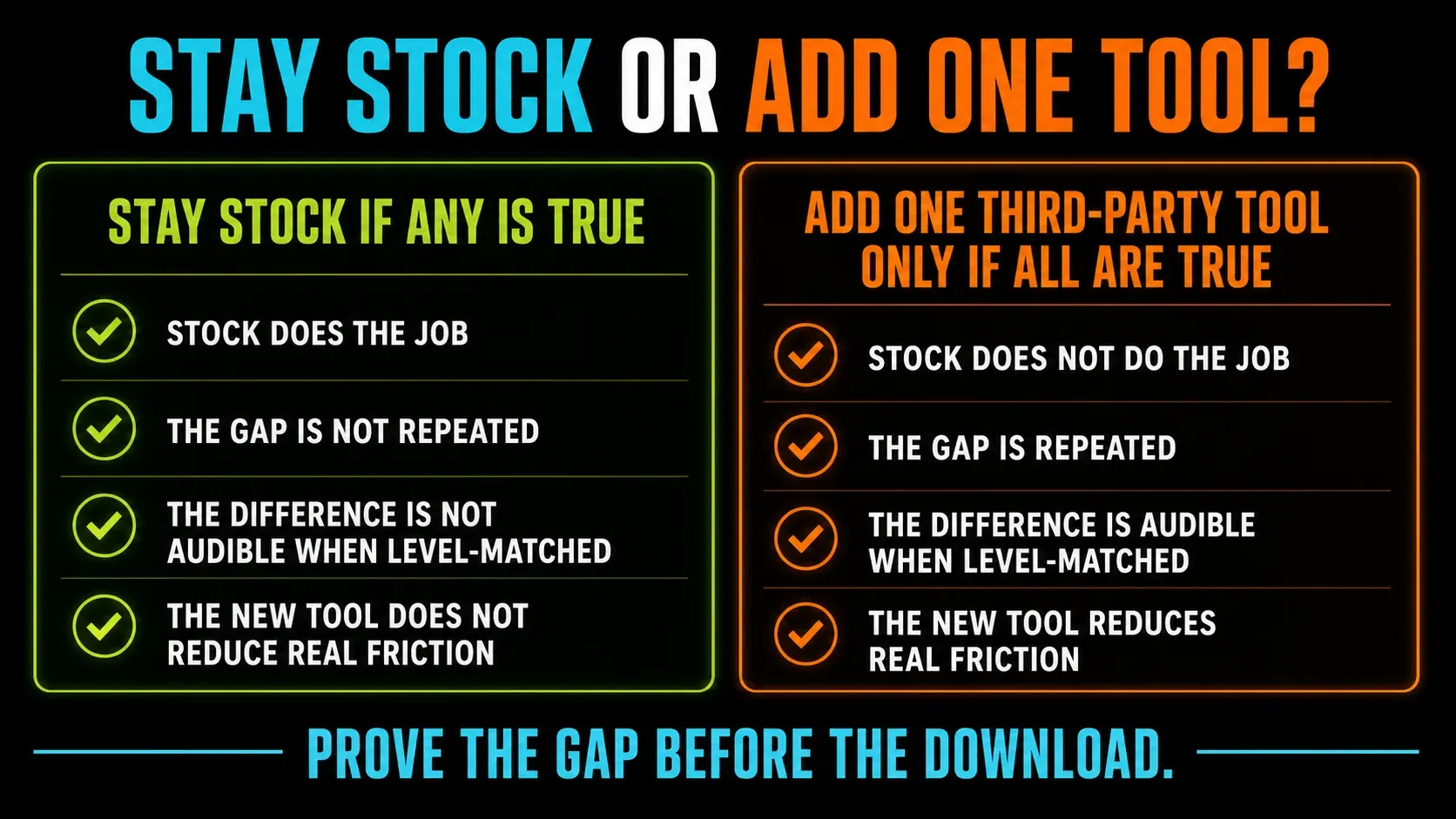 Checklist for staying with FL Studio stock plugins or adding one third-party tool only when every gap test passes