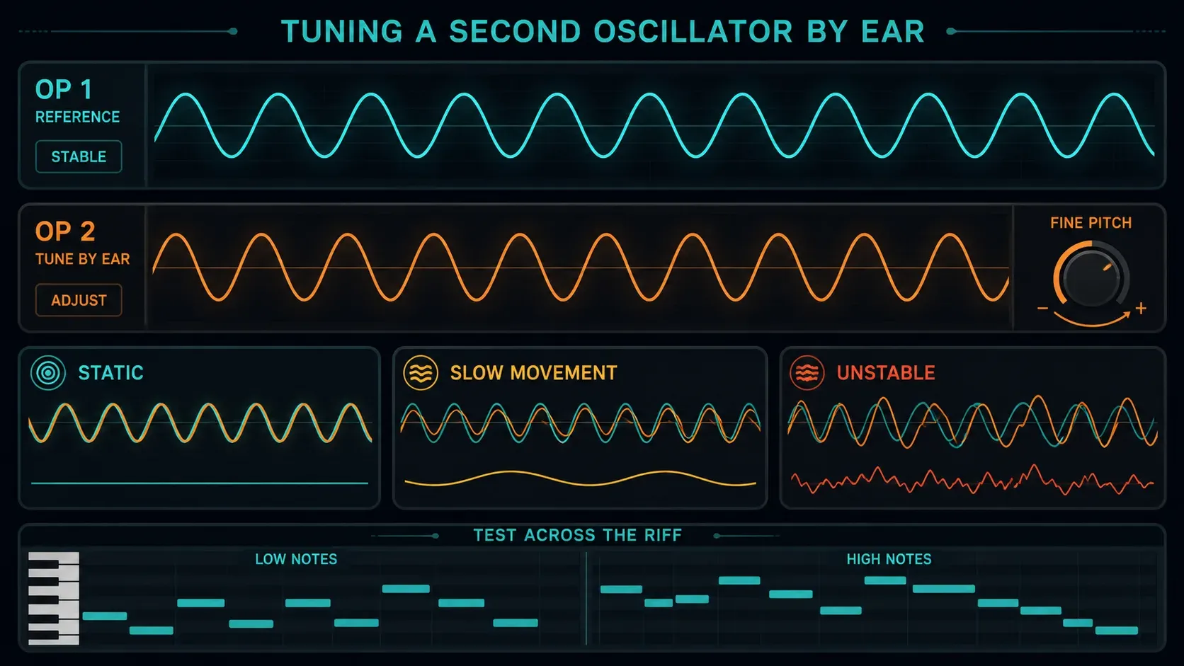 Sytrus Reese bass detune comparison from static through slow movement to unstable beating