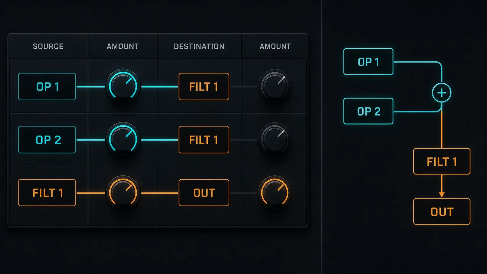 Sytrus modulation matrix routing two operators into Filter 1 and Filter 1 to output