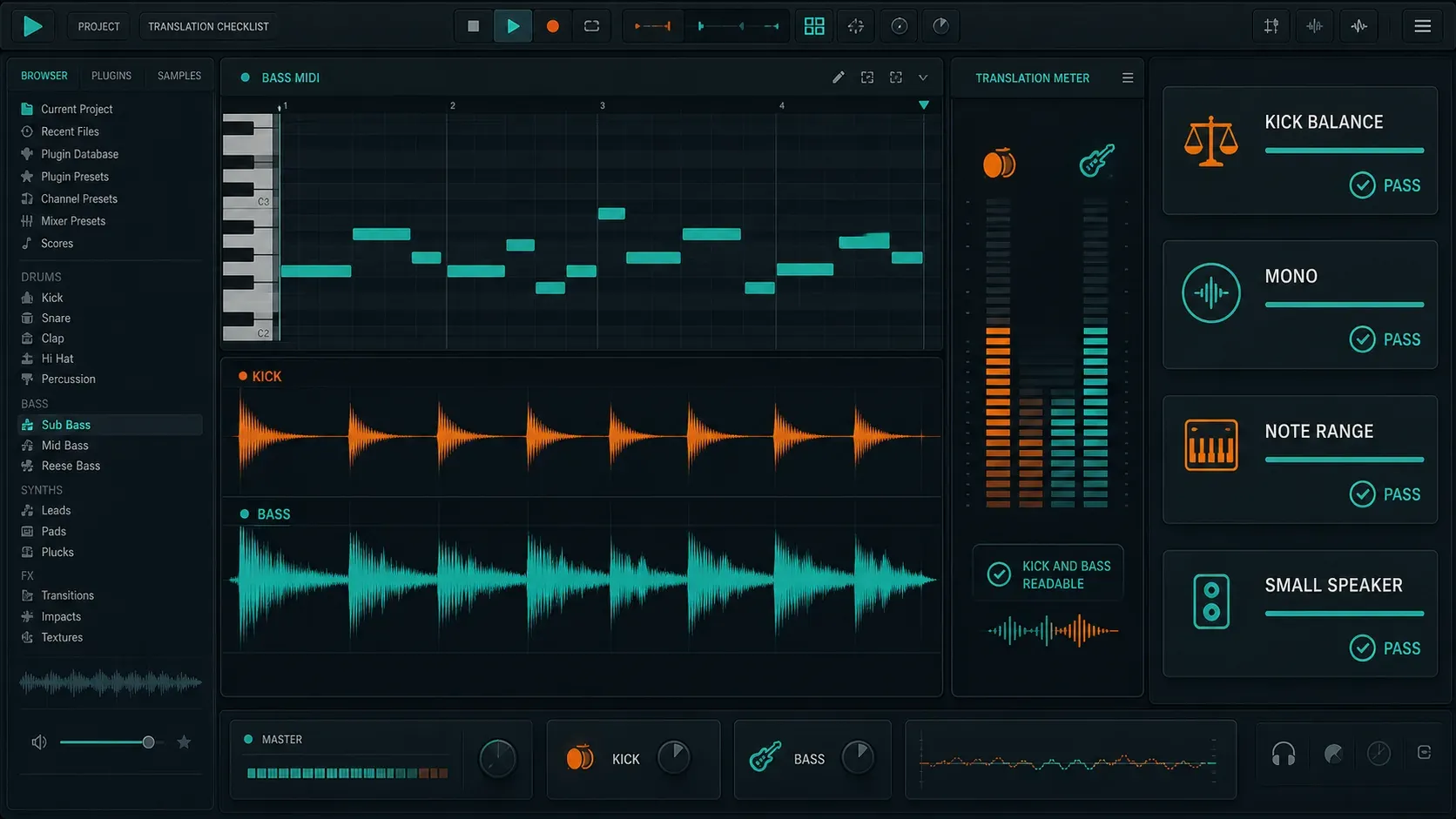 FL Studio Reese bass translation checklist for kick balance mono playback note range and small speakers