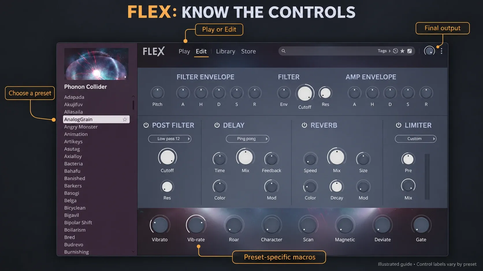 FLEX Edit view with preset browser, envelope and filter controls, macros and final output