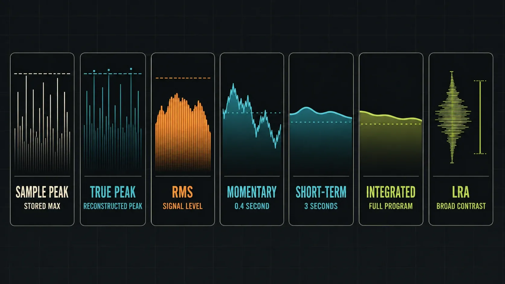 Sample peak, true peak, RMS, Momentary, Short-term, Integrated and LRA compared by measurement role