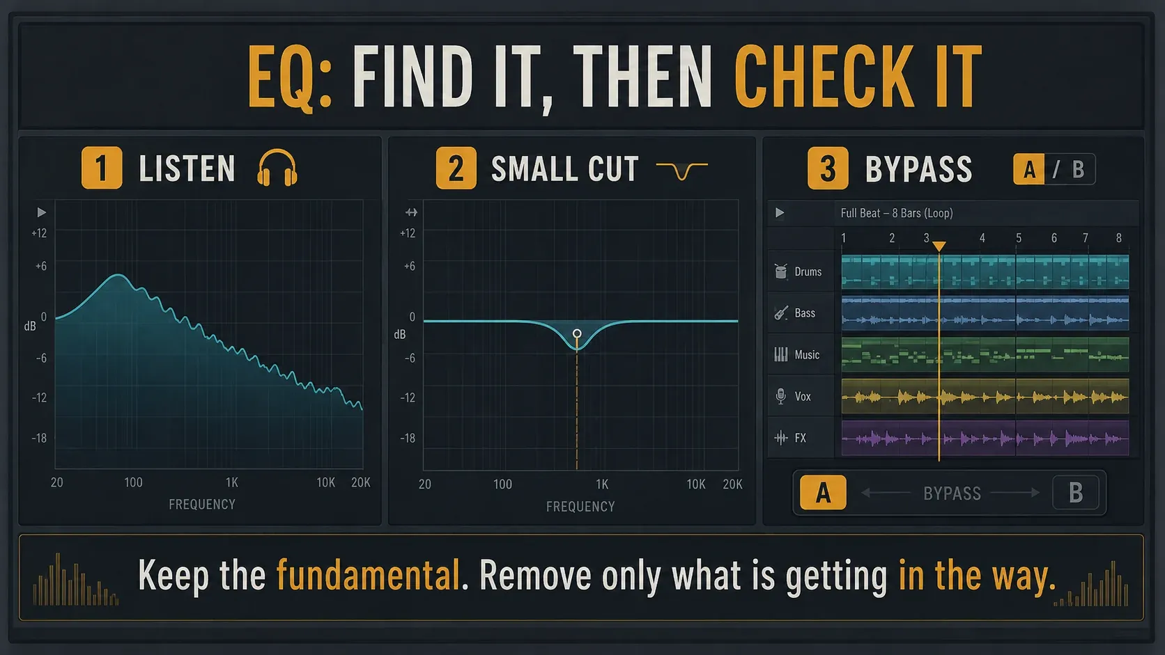 EQ listening check followed by a small bell cut and a full-beat bypass comparison
