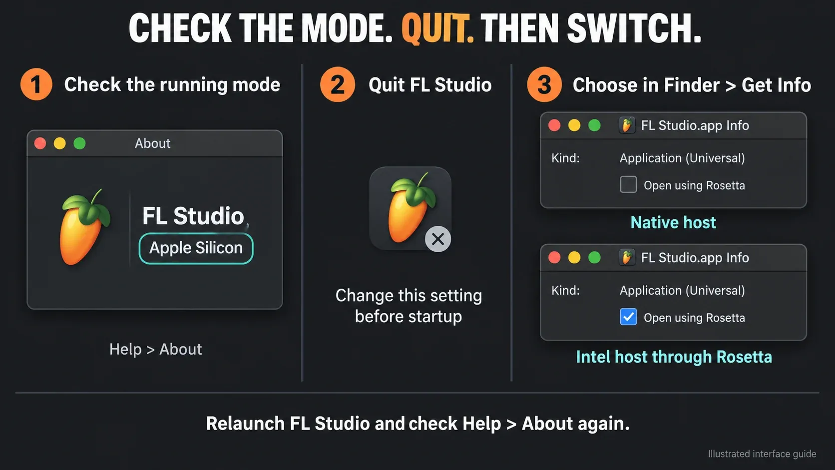 Help About mode check and Finder Open using Rosetta settings for FL Studio